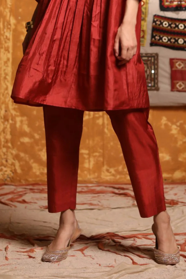 Maroon Silk Straight Pants