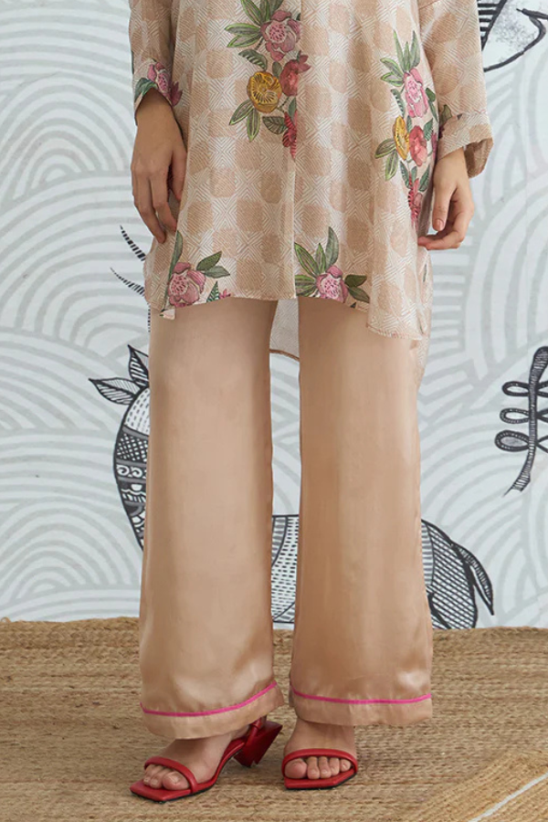BEIGE CHECK FLOWER KIMONO PLAIN PANTS