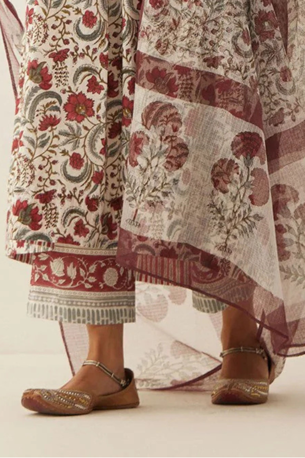 IVORY FLORAL CHINTZ BORDER COTTON PANTS