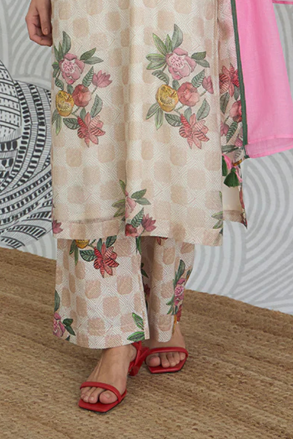 BEIGE CHECK FLOWER V-NECK PANTS