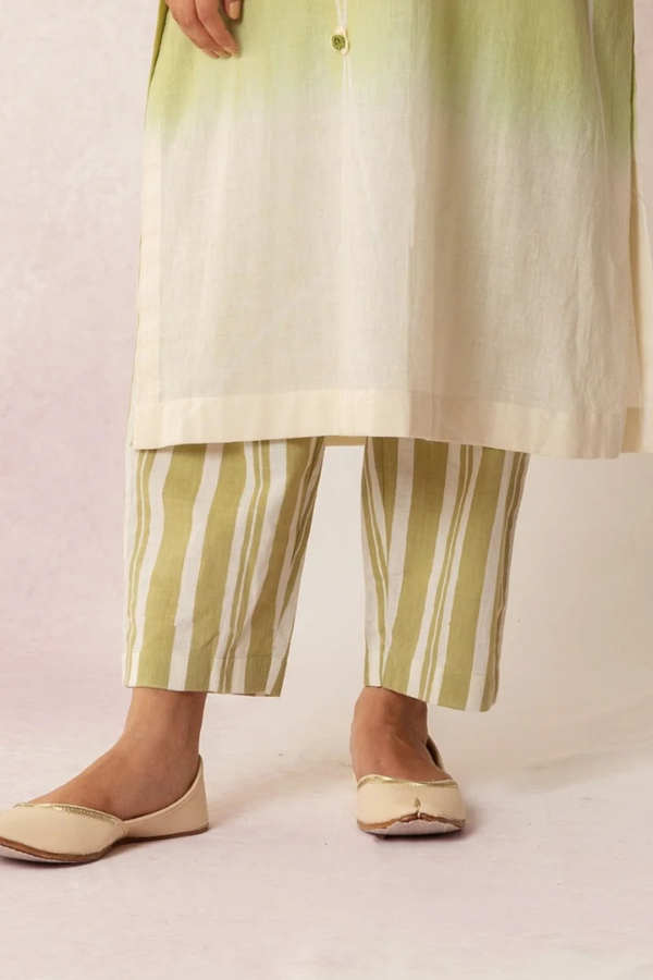 BAHAAR OLIVE GREEN KHADI COTTON OMBRE GRID KURTA WITH STRIPE PANTS
