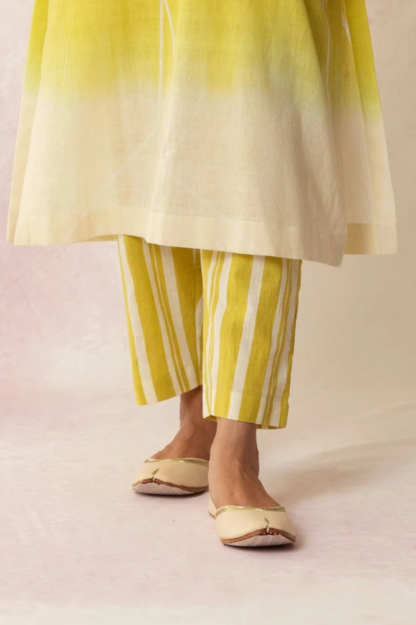 BAHAAR OLIVE GRID OMBRE KURTA WITH STRIPE PANTS