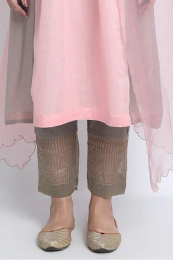 GREY COTTON WITH GOLD STRIPE ZARI CHANDERI UMA STRAIGHT PANTS