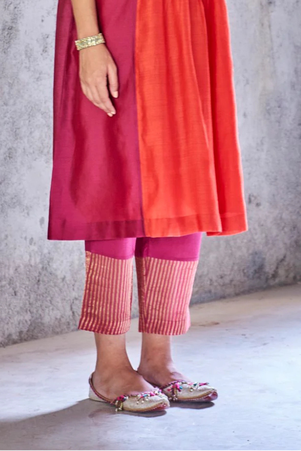 RED COTTON ZARI STRIPE CHANDERI STRAIGHT UMA PANTS