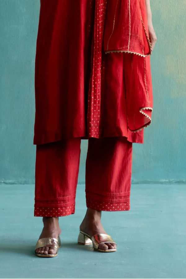 DIL-KASH RED COTTON SILK PANTS WITH GOLD POLKAS