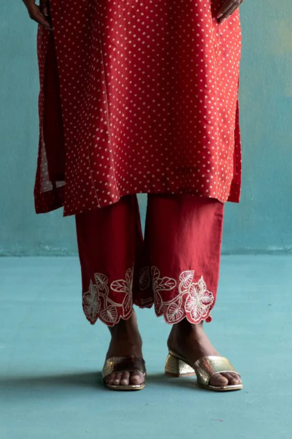 DIL-KASH RED COTTON SILK CUTWORK EMBROIDERED PANTS