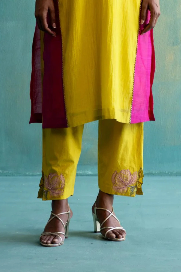 DIL-KASH YELLOW FLORAL EMBROIDERY COTTON PANTS