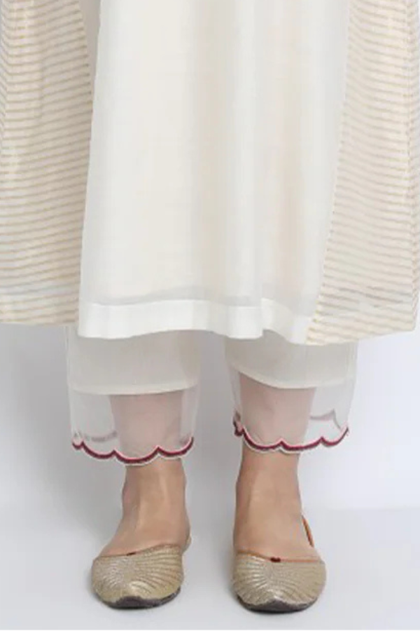 IVORY COTTON SILK AND ORGANZA EMBROIDERED PAVITRA SCALLOP PANTS