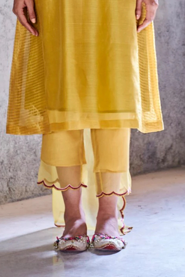 YELLOW MUSTARD COTTON SILK AND ORGANZA EMBROIDERED PAVITRA SCALLOP PANTS