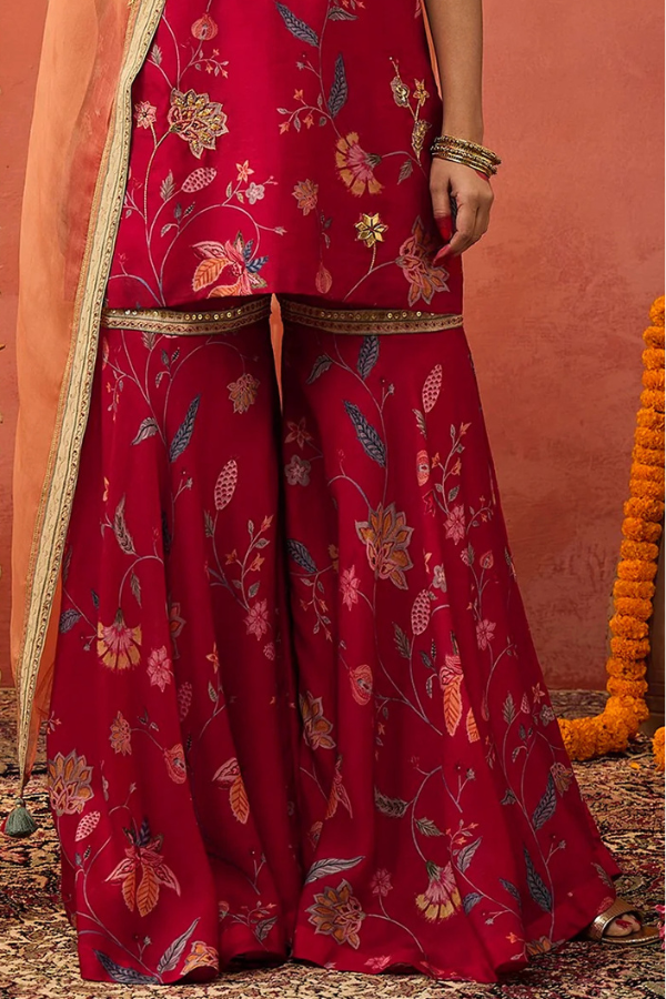 DIYA- RED CHINTZ EMBROIDERED BORDER SHARARA