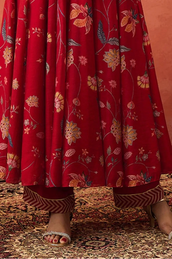 RED COTTON SILK CHEVRON BORDER PANTS
