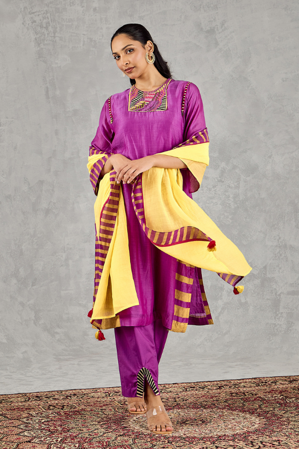 PURPLE SHORT ABSTRACT EMBROIDERY YOKE KURTA