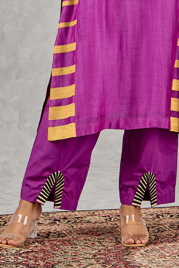 PURPLE ABSTRACT EMBROIDERY FRONT OPEN PANT