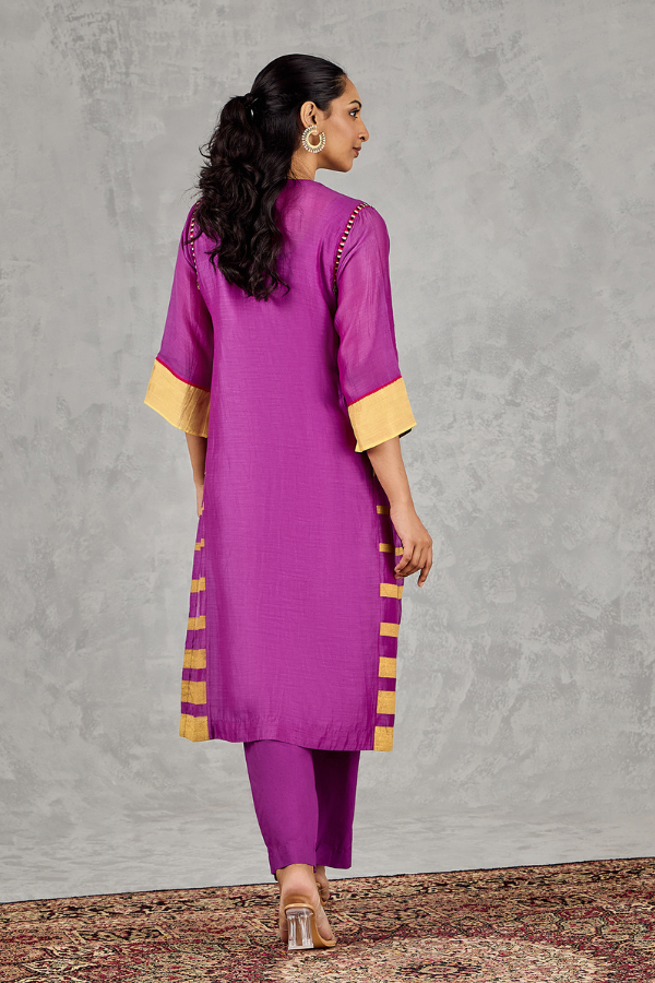 PURPLE ABSTRACT EMBROIDERY FRONT OPEN PANT