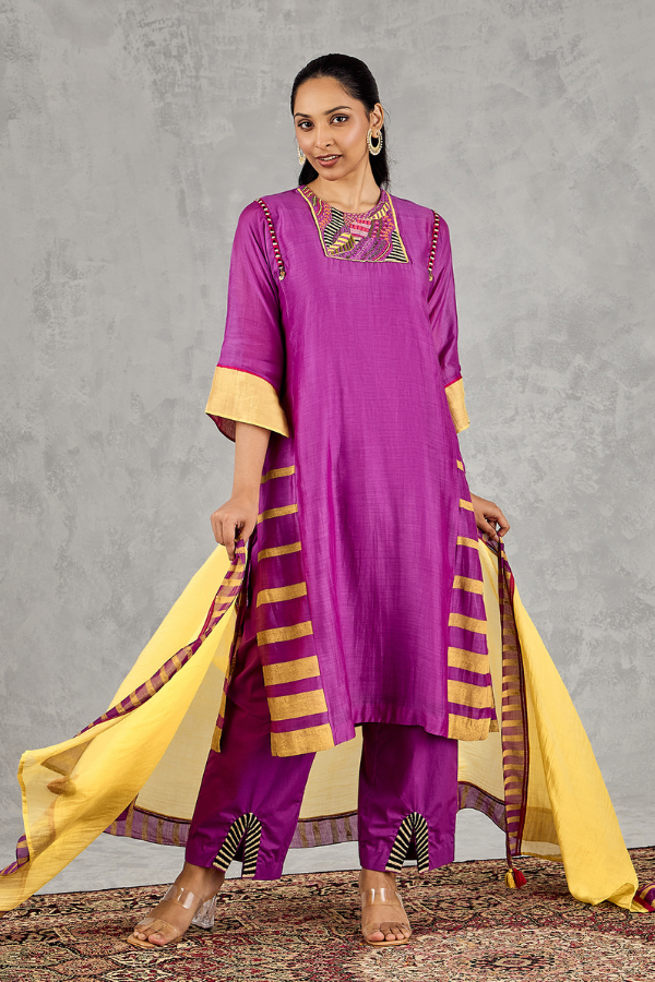 PURPLE ABSTRACT EMBROIDERY FRONT OPEN PANT