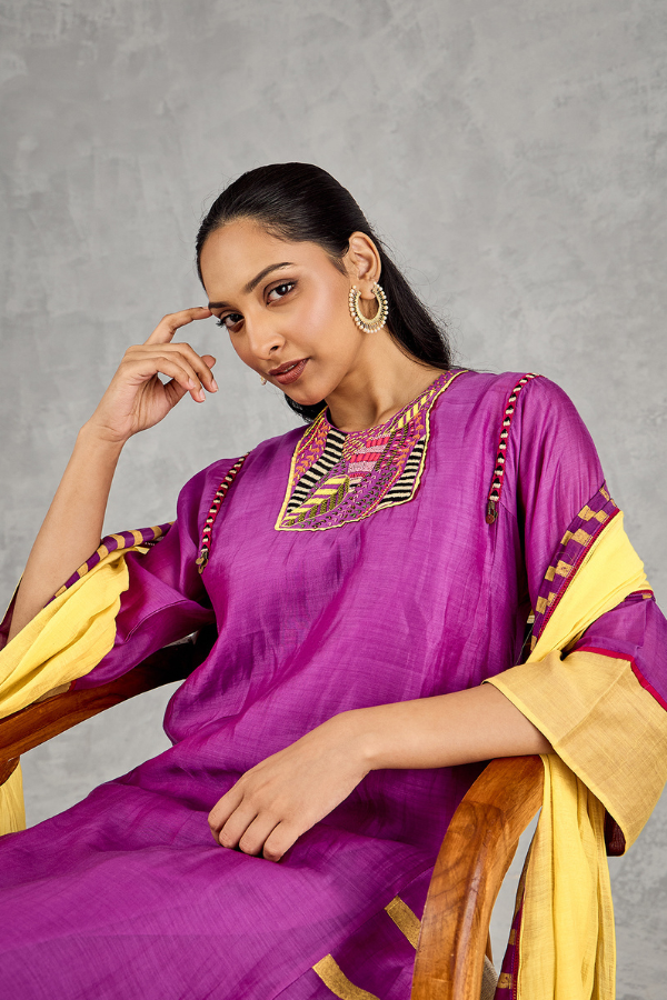 PURPLE SHORT ABSTRACT EMBROIDERY YOKE KURTA