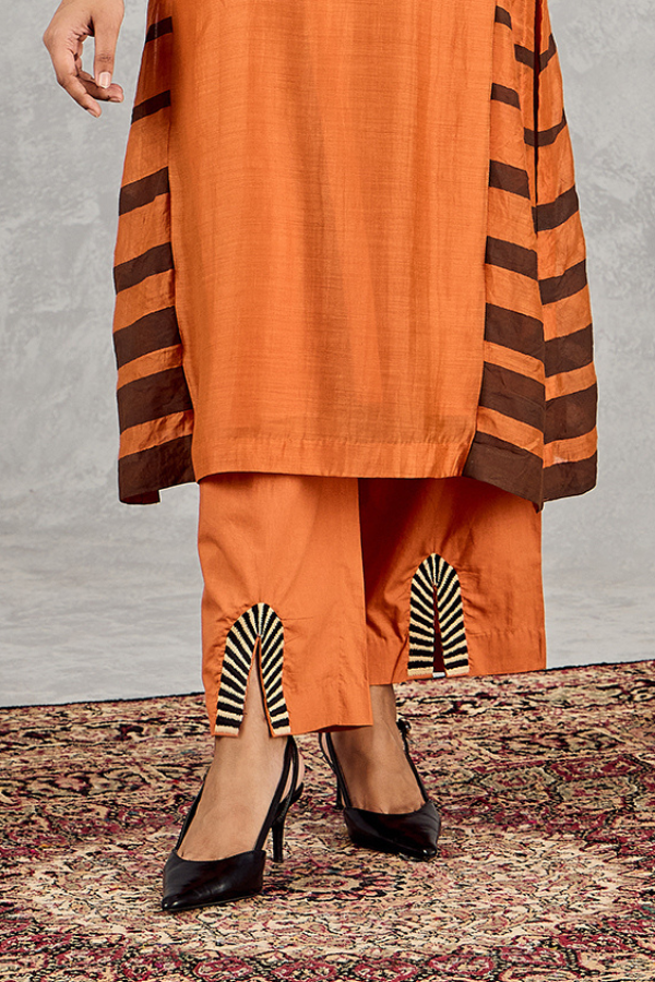 BURNT ORANGE ABSTRACT EMBROIDERY FRONT OPEN PANT