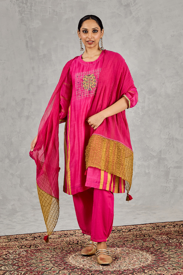 HOT PINK MUSTARD OLIVE SMOCKING DUPATTA