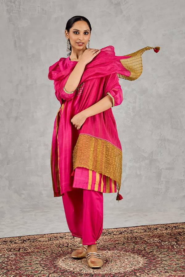 HOT PINK MUSTARD OLIVE SMOCKING DUPATTA