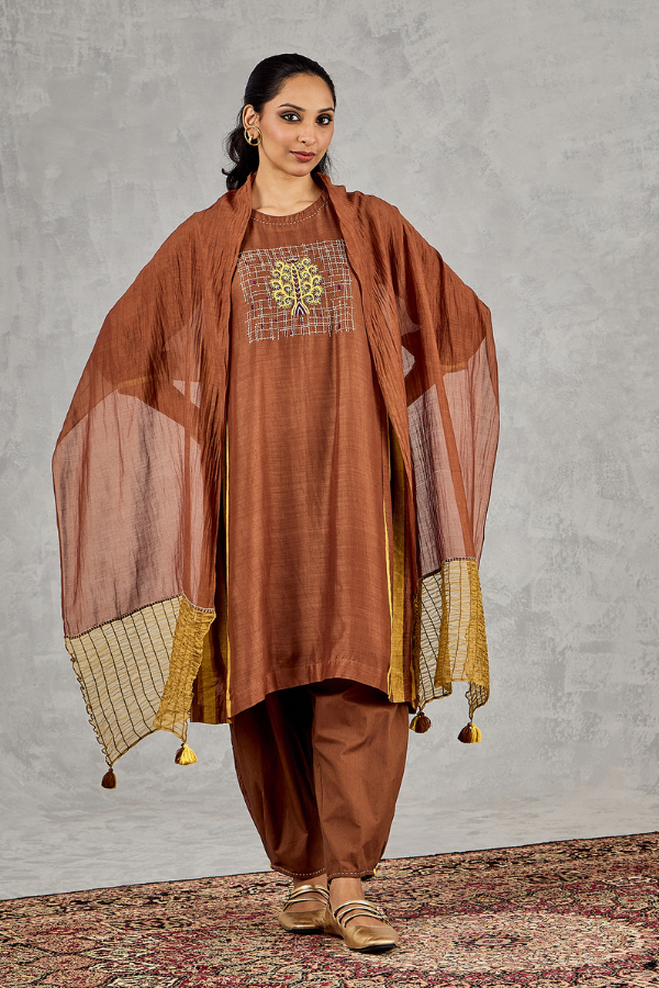 BROWN MUSTARD OLIVE SMOCKING DUPATTA