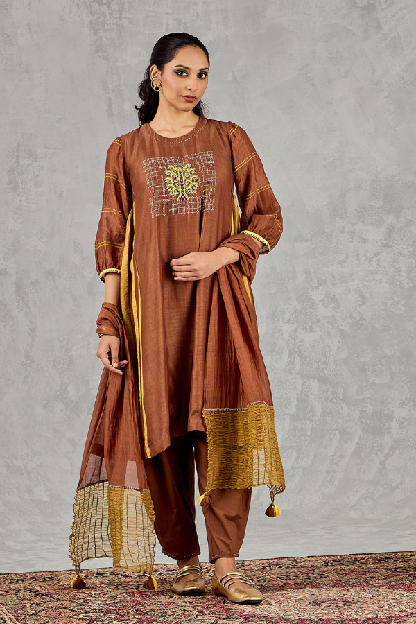 BROWN MUSTARD OLIVE SMOCKING DUPATTA