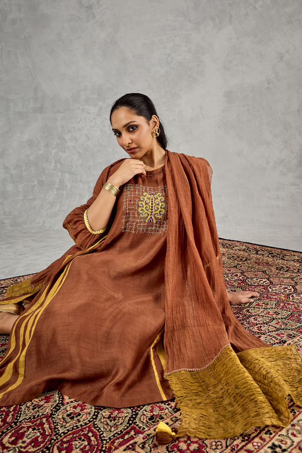 BROWN MUSTARD OLIVE SMOCKING DUPATTA