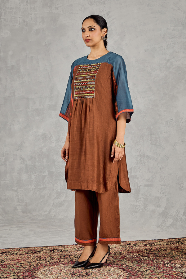 BROWN BLOCK PRINTED BORDER PANT