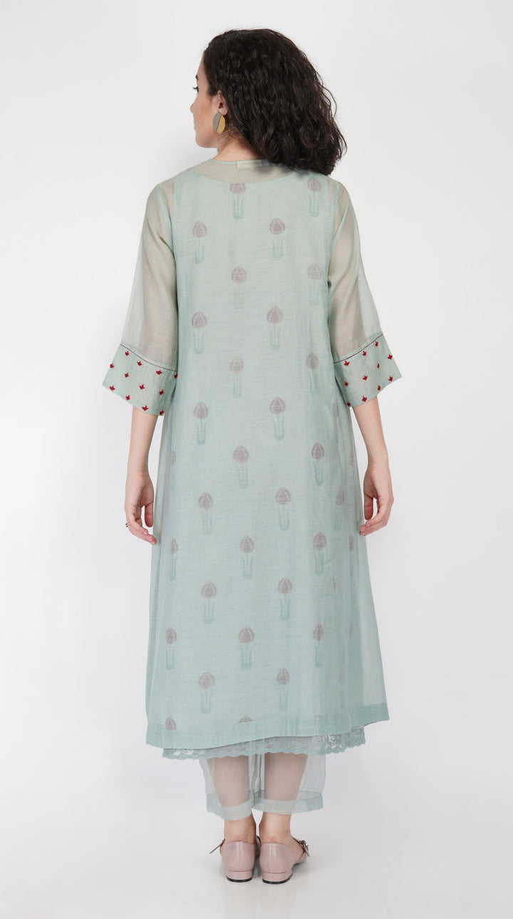 SAAWAN SAGE GREEN BOX PLEAT WITH BUTTON EMBROIDERY DRESS