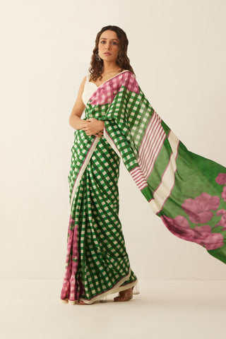 GREEN AND OFFWHITE GINGHAM CHECKS FLORAL MIX SILK SAREE