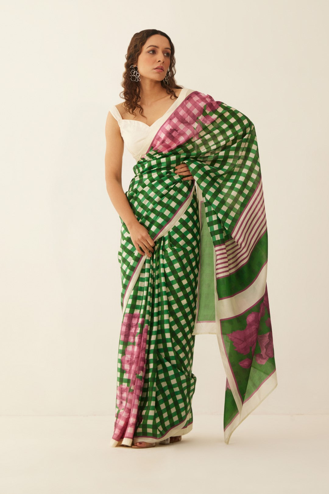 GREEN AND OFFWHITE GINGHAM CHECKS FLORAL MIX SILK SAREE