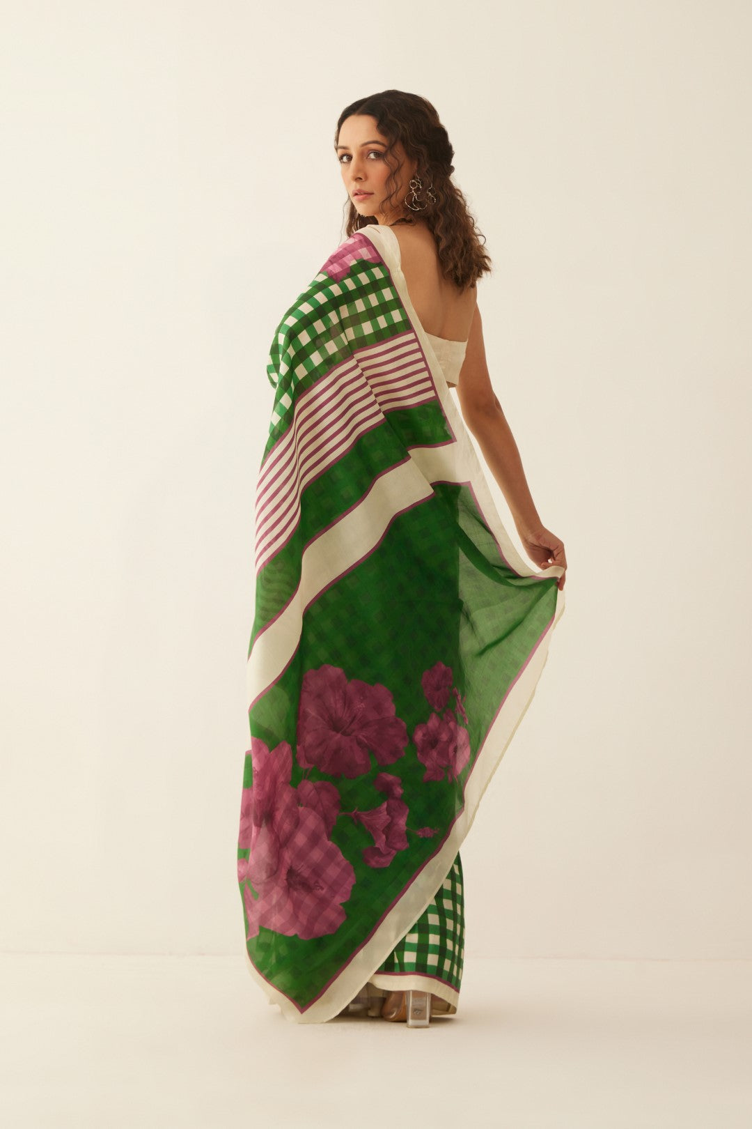 GREEN AND OFFWHITE GINGHAM CHECKS FLORAL MIX SILK SAREE