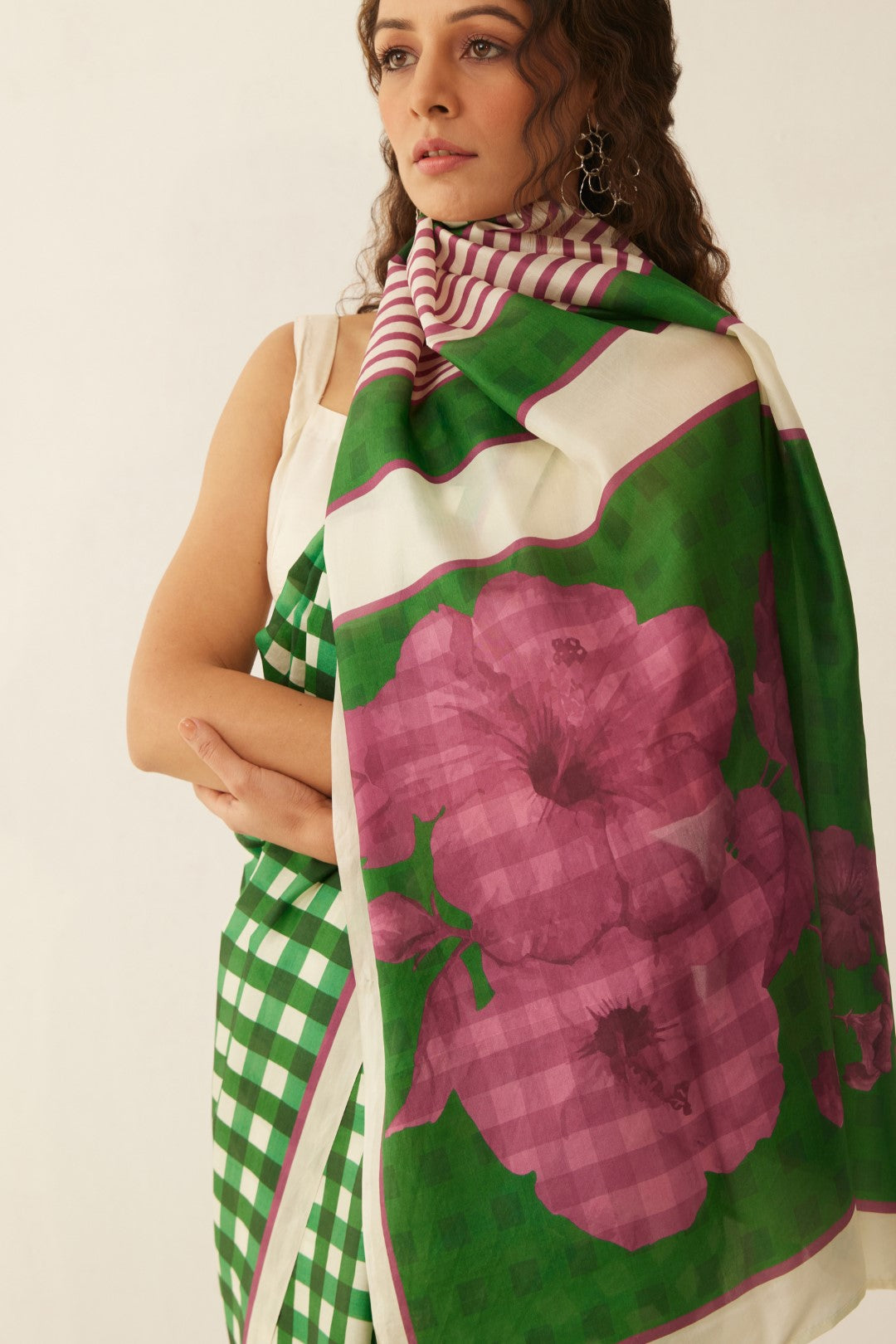 GREEN AND OFFWHITE GINGHAM CHECKS FLORAL MIX SILK SAREE