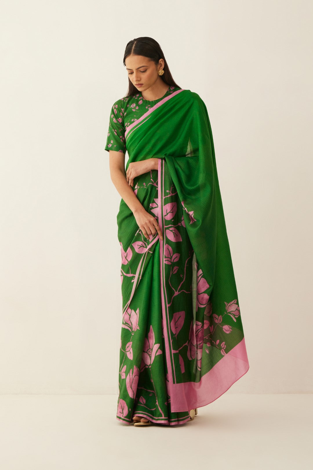 GREEN AND PINK MAGNOLIA FLORAL PRINT SAREE WITH FLORAL SILK BLOUSE