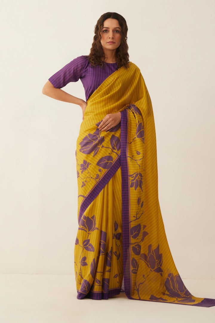 Mustard and Purple Magnolia Floral Silk Saree