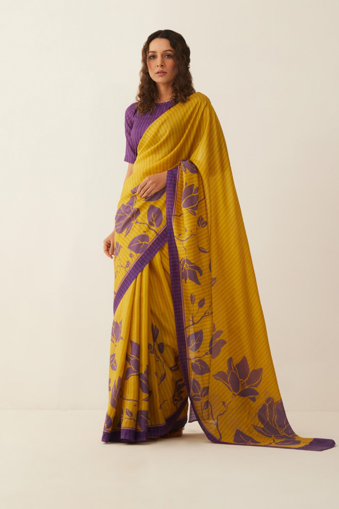 Mustard and Purple Magnolia Floral Silk Saree