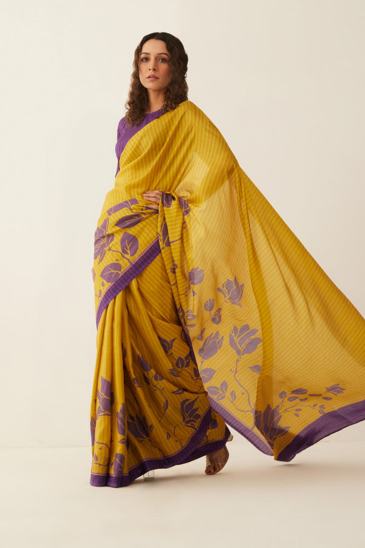 Mustard and Purple Magnolia Floral Silk Saree