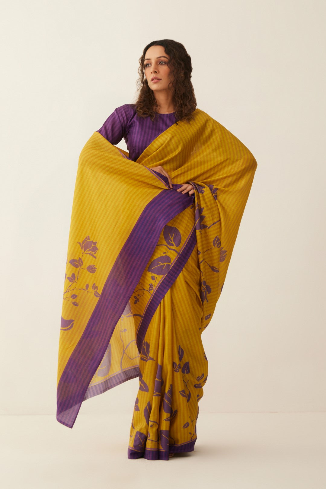 Mustard and Purple Magnolia Floral Silk Saree