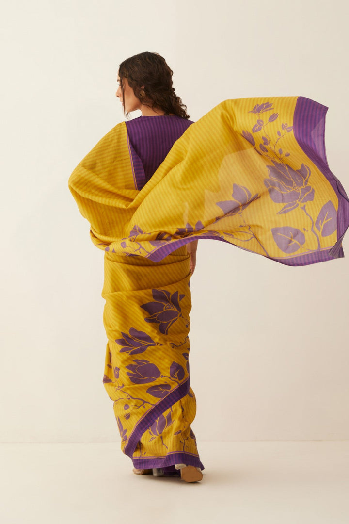Mustard and Purple Magnolia Floral Silk Saree