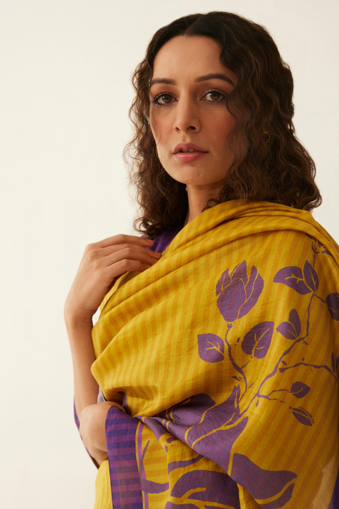 Mustard and Purple Magnolia Floral Silk Saree