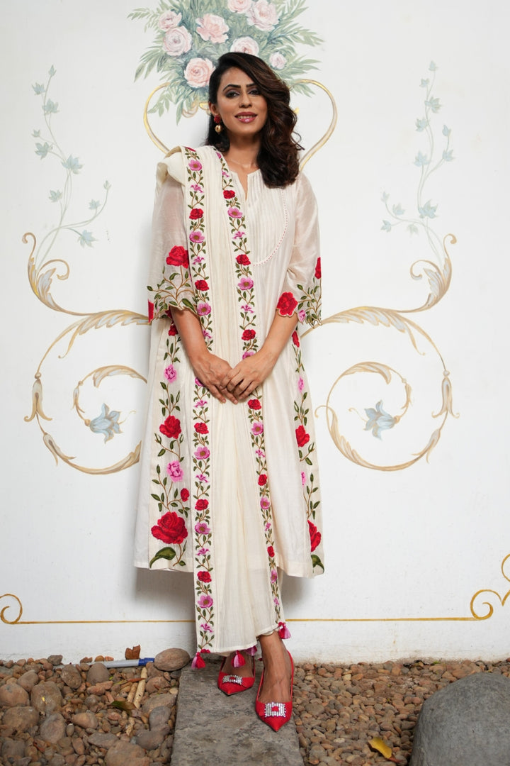 ROSE SHINE: IVORY PINK & RED ROSE EMBROIDERED KALI KURTA SET