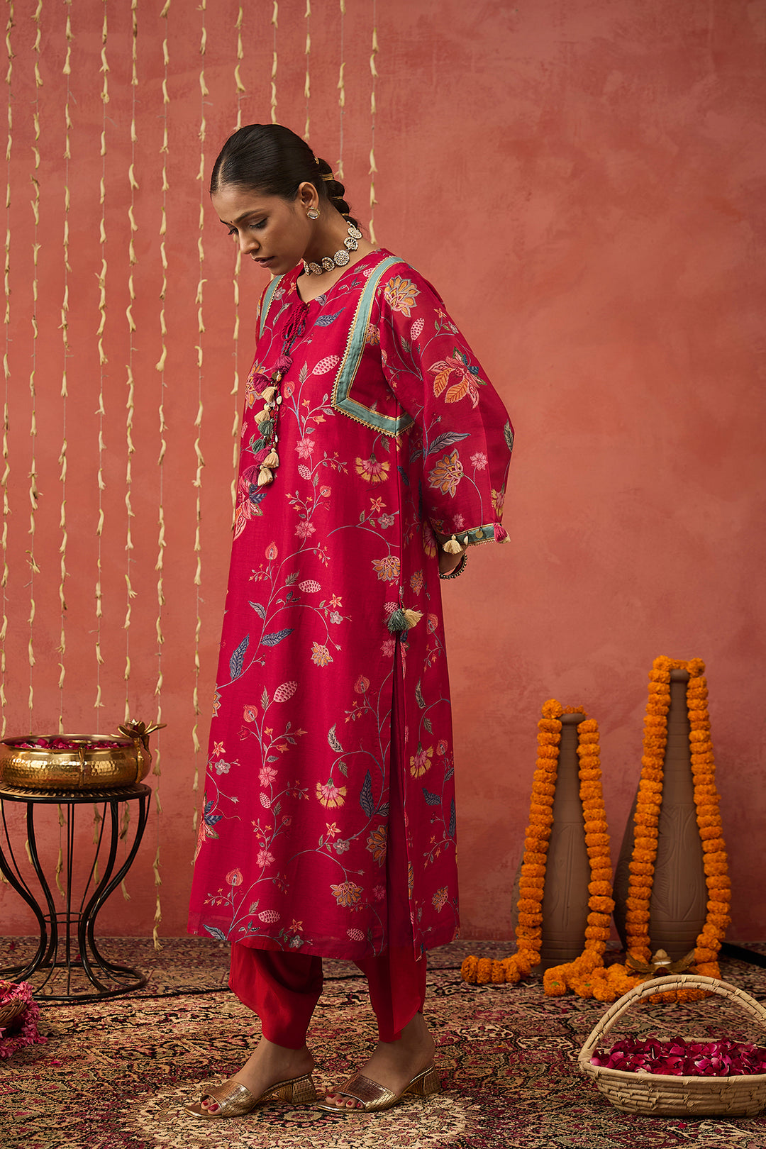 KARUNA-RED CHINTZ  CHANDERI LONG KURTA
