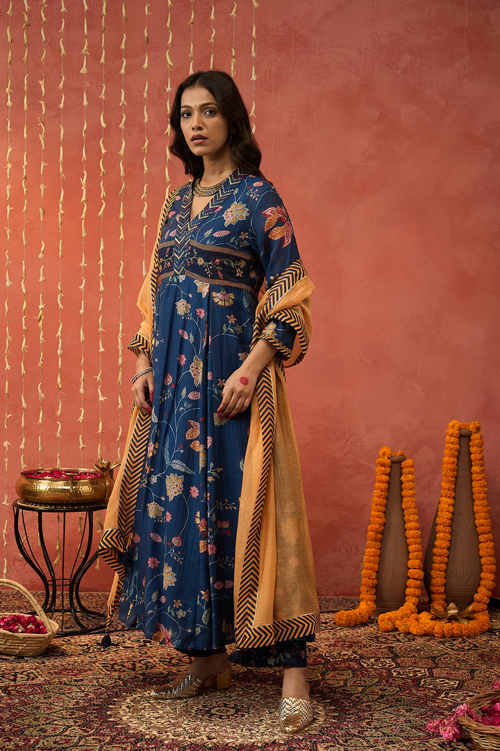 BELA-BLUE CHINTZ EMBROIDERED ANARKALI