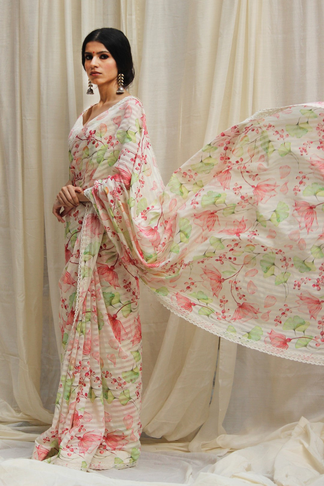 IVORY MANGNOLIA FLORAL HANDWOVEN STRIPE CHANDERI SAREE WITH FLORAL BLOUSE