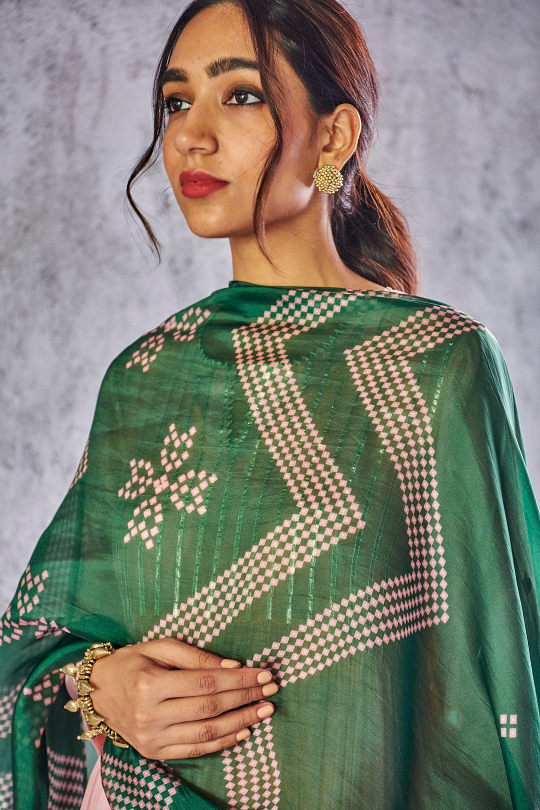 Emerald Green Chevron Bandhani Print Organza Silk DUPATTA