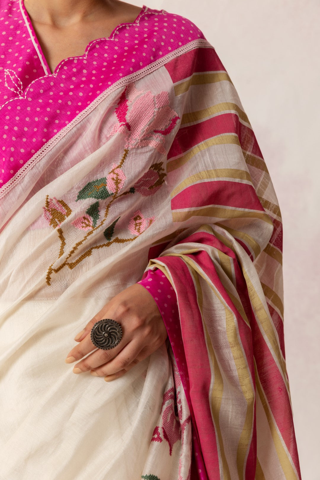 BAHAAR PINK POLKA FLORAL MIX SAREE