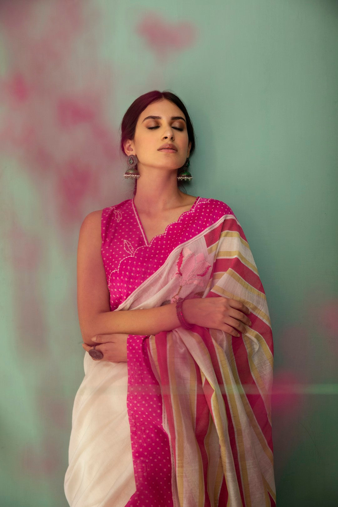 BAHAAR PINK POLKA FLORAL MIX SAREE