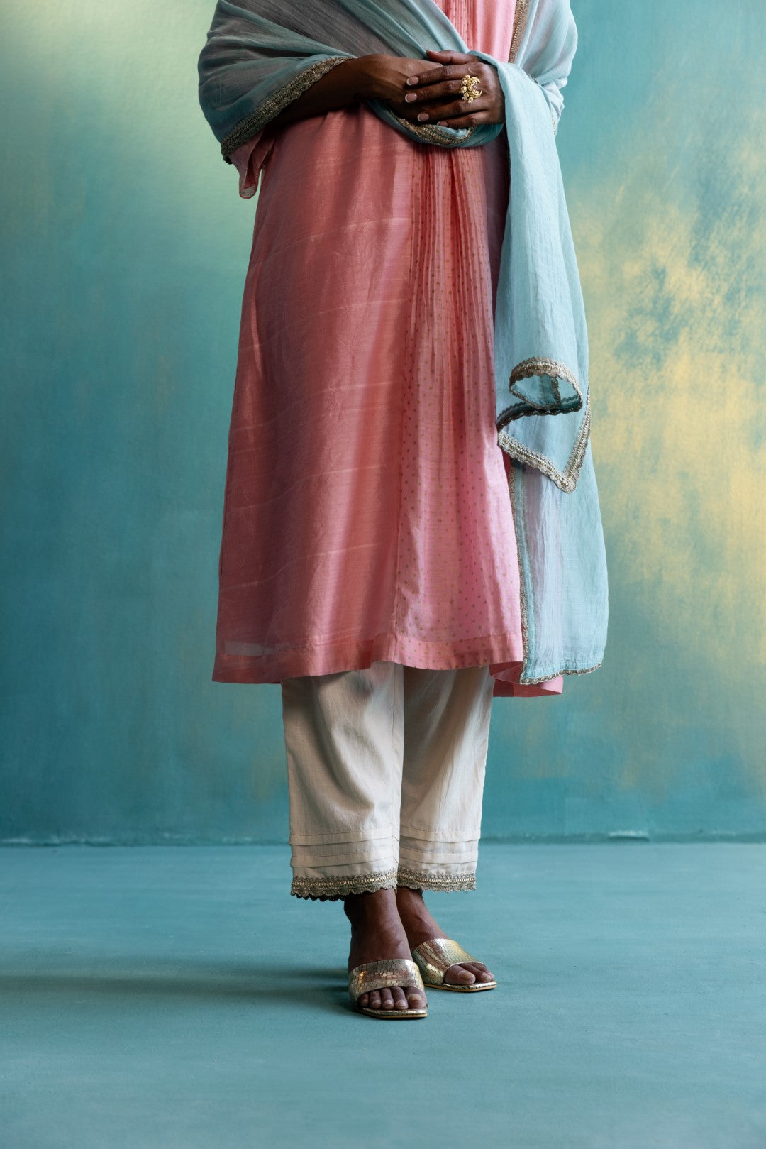 Dil-kash Old rose Chanderi V-neck Floral Cut-work embroidery with Gold Polka Kurta full set