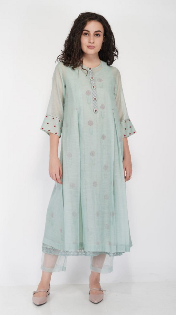SAAWAN- SAGE GREEN BOX PLEAT WITH BUTTON EMBROIDERY DRESS WITH PANT