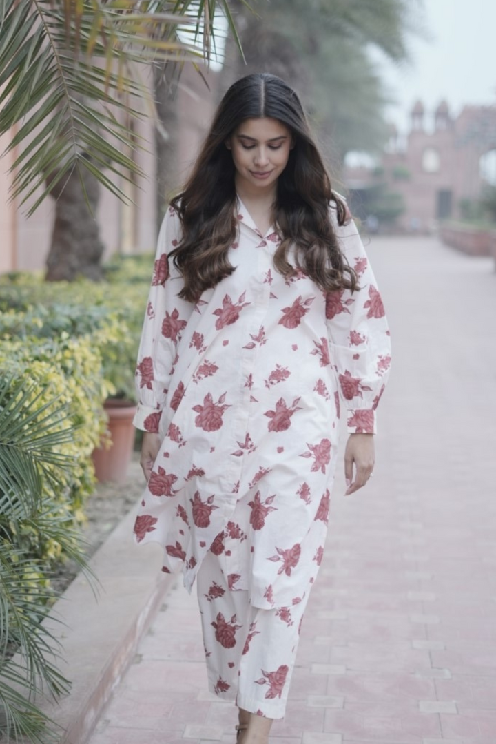 VINTAGE ROSE: COTTON LONG SHIRT CO-ORD SET