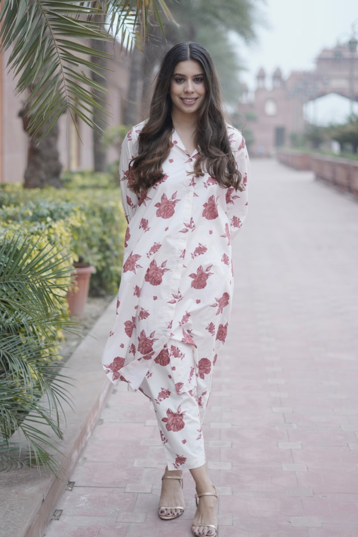 VINTAGE ROSE: COTTON LONG SHIRT CO-ORD SET